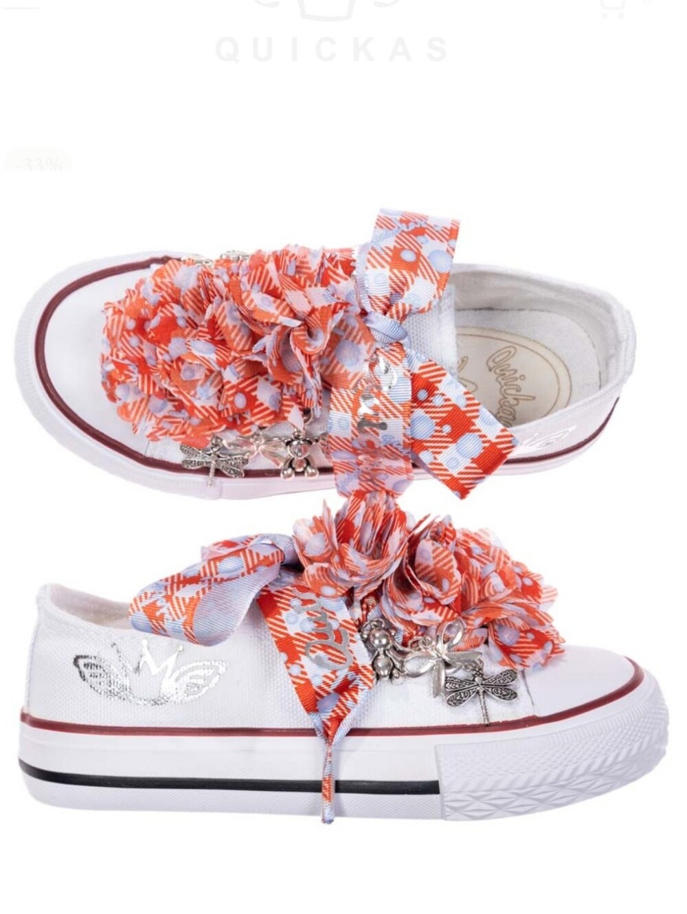 VICHY & FLOWERS & POMPAS SNEAKERS Girls White Canvas Sneakers with Floral Ribbon